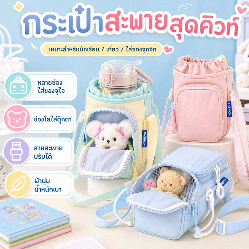 COD กระเป๋าใส่กระติกน้ำ ความจุสูง มีซิปและสายคล้อง สีโดพามีน น้ำหนักเบา สามารถพกพาไปได้ทุกที่