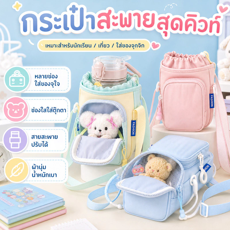 COD กระเป๋าใส่กระติกน้ำ ความจุสูง มีซิปและสายคล้อง สีโดพามีน น้ำหนักเบา สามารถพกพาไปได้ทุกที่