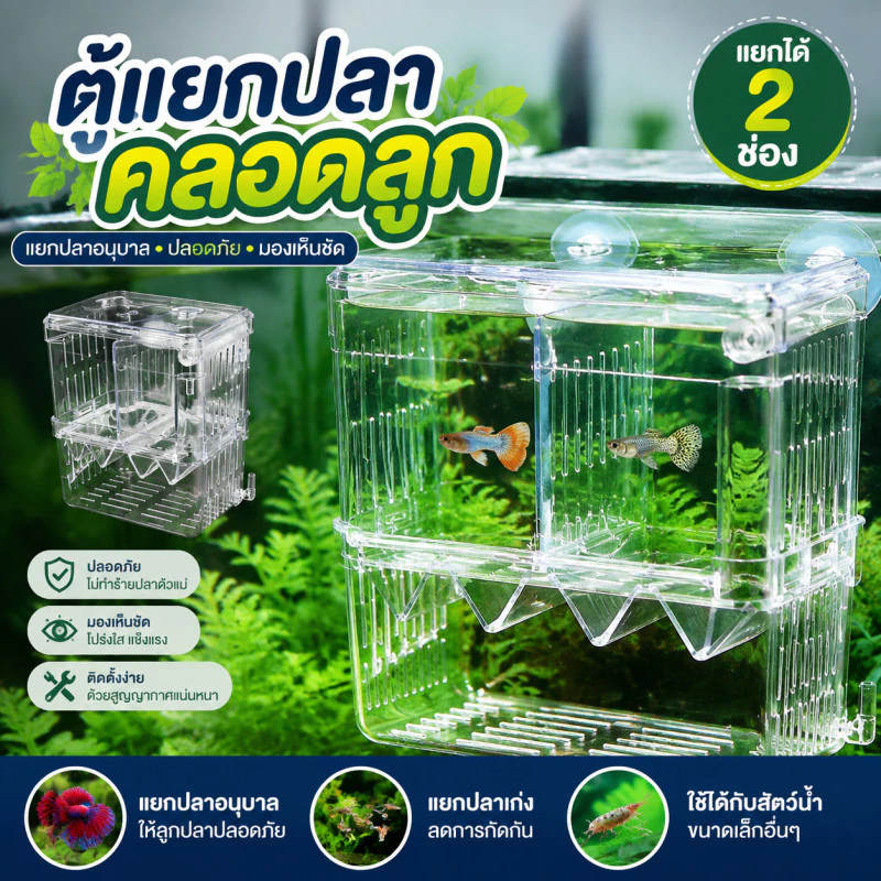 ตู้แยกปลาคลอดลูก กล่องแยกปลาป่วย 2 ช่อง 2 ขนาด สีใส