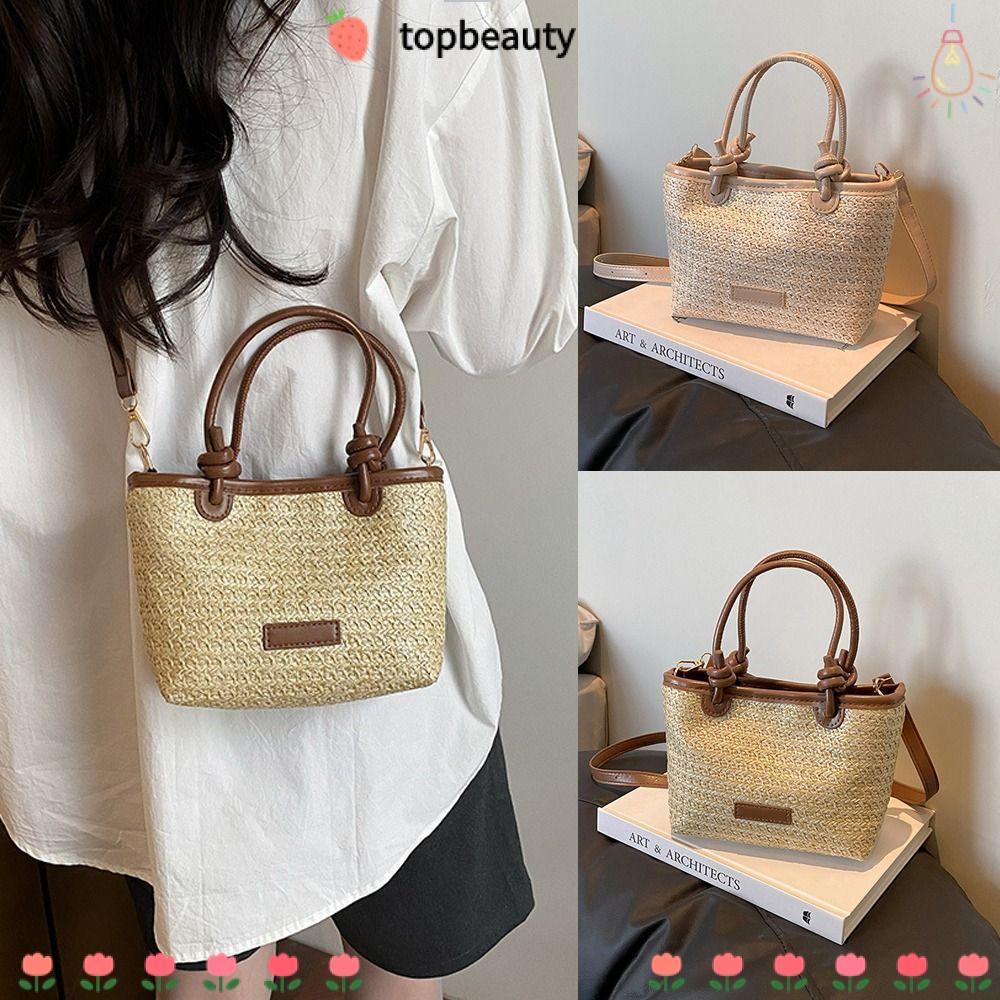 TOPBEAUTY กระเป๋าสะพายข้าง สายคล้องบ่าแบบครอสบอดี้ สานจากฟางสำหรับทะเล แฟชันมือทำ เหมาะสำหรับทริปวันหยุด