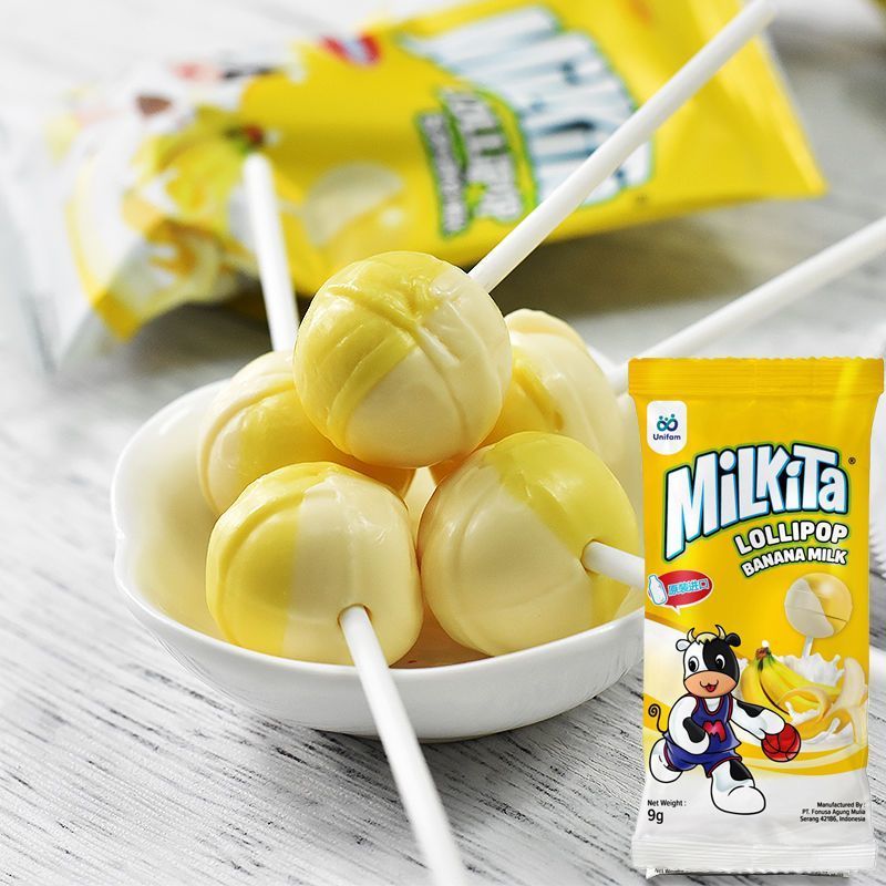 อินโดนีเซียนําเข้า Milkita Milkita Strawberry Milk Double Flavour Lollipop ขนมสําหรับเด็ก Mini He BB