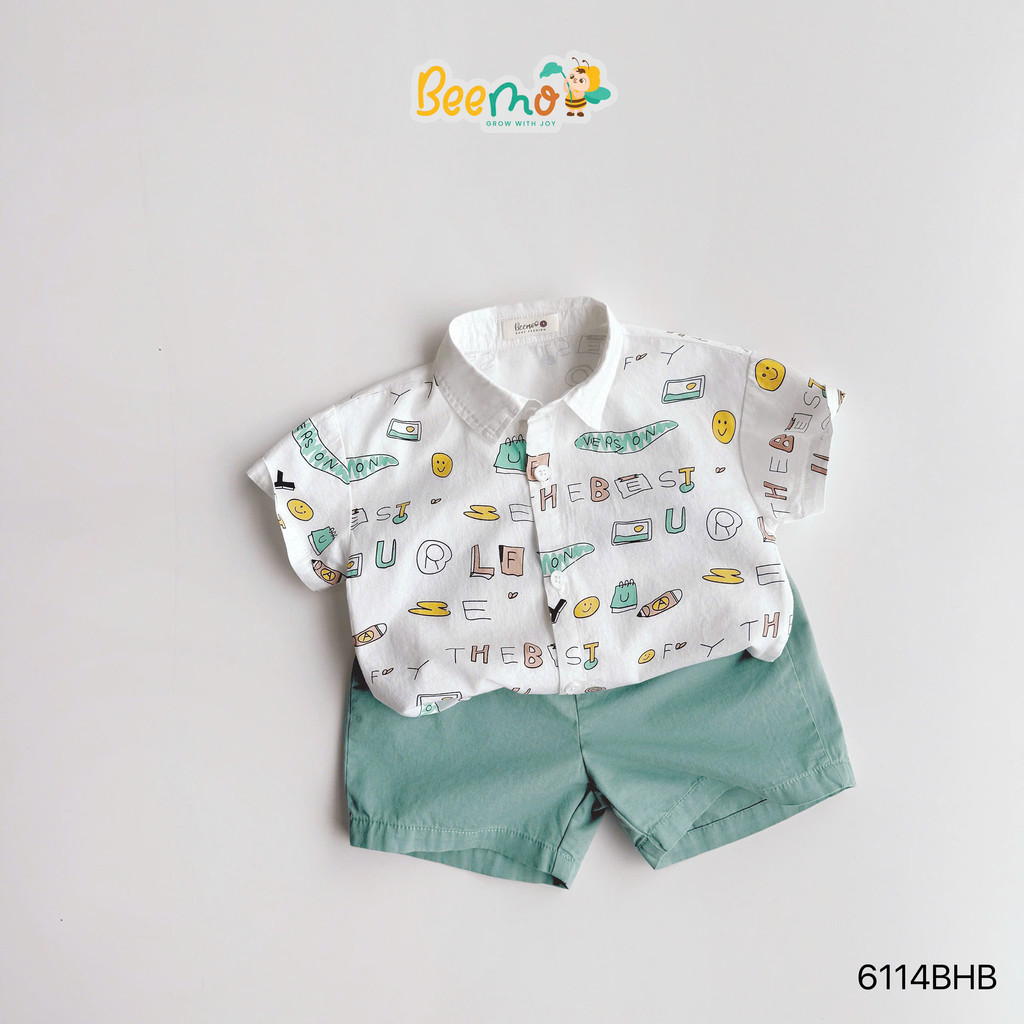 ชุดเสื้อเด็กผู้ชาย BEEMO คอปกเยอรมันพิมพ์ลาย Overprint น่ารัก เสื้อเกาหลี + กางเกงสีกากี 6114BHB