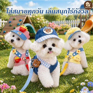 สายจูงสุนัขชุ สายจูงแมว ชุดหมาสไตล์การ์ตูนน่ารัก 3pcs กลางแจ้ง ระบายอากาศด หมวกกันแดดสัตว์เลี้ยง