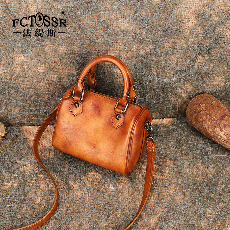 Fatis Retro Style Portable Boston Bag Large Capacity Pillow Bag Texture Handmade Genuine Leather Sho