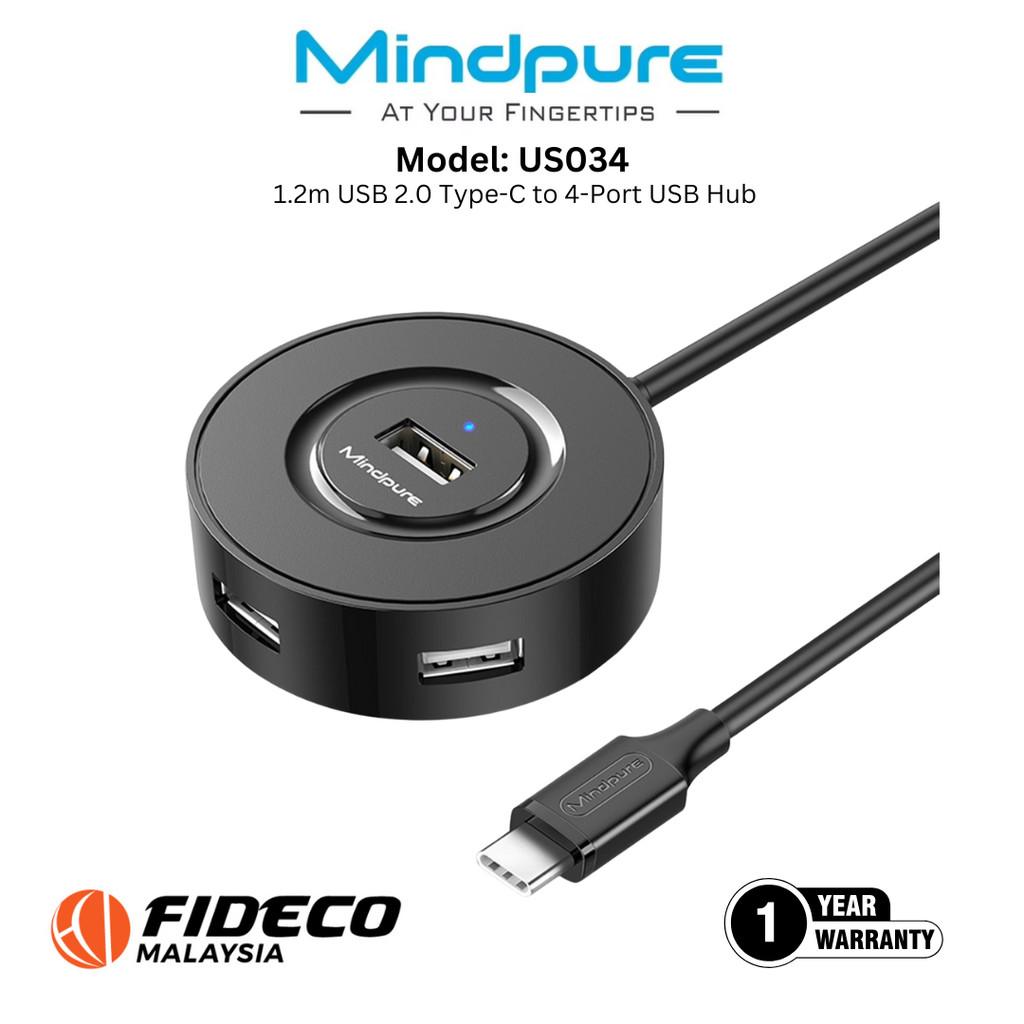 MINDPURE US034 1.2 ม. USB 2.0 Type-C ถึง 4 พอร์ต USB Hub (สีดํา)