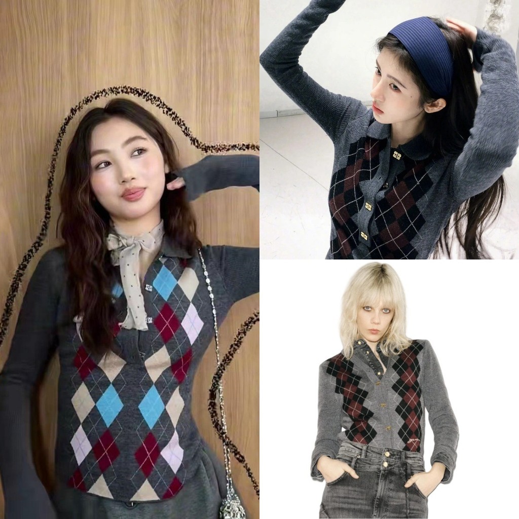 44HR GANNI New Letter Embroidery V Collar Knitted Stretch Diamond Pattern POLO Collared Sweater Card