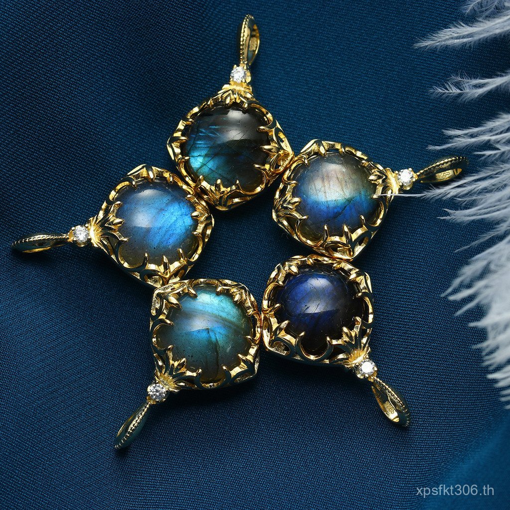 S925 จี้ธรรมชาติ Labradorite 14K Gold หญิงเงินสเตอร์ลิงขนาดใหญ่ Retro สร้อยคอคริสตัลชุบ agete จี้สีฟ