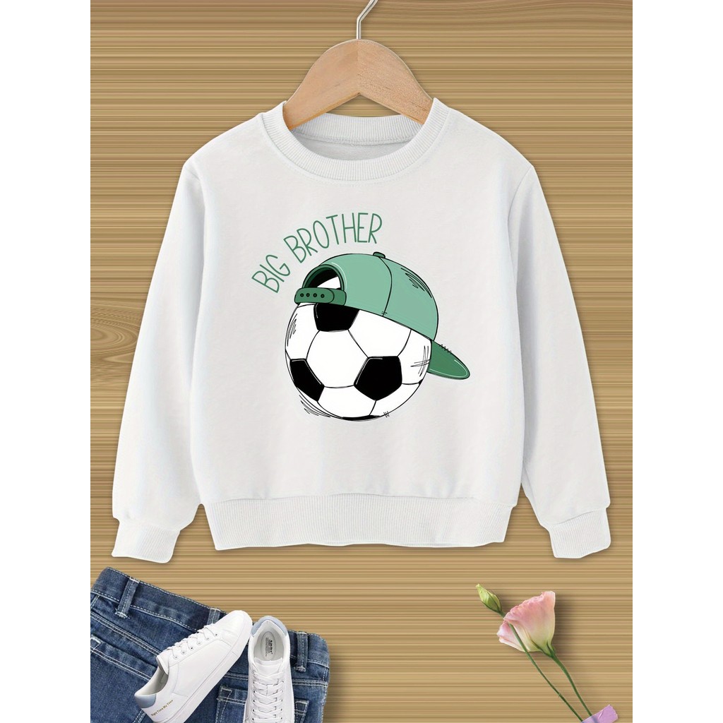 ' Soccer Ball & Big Brother Graphic Sweatshirt - with Green Hat & Soccer Ball Print, Long Neck Pullo