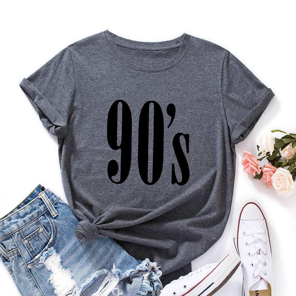 ปลาค็อด 2026พร้อมสต็อกการค้าต่างประเทศยุโรปอเมริกันผู้หญิงสร้างสรรค์ตัวอักษร90หลวมรอบคอแขนสั้นเสื้อย