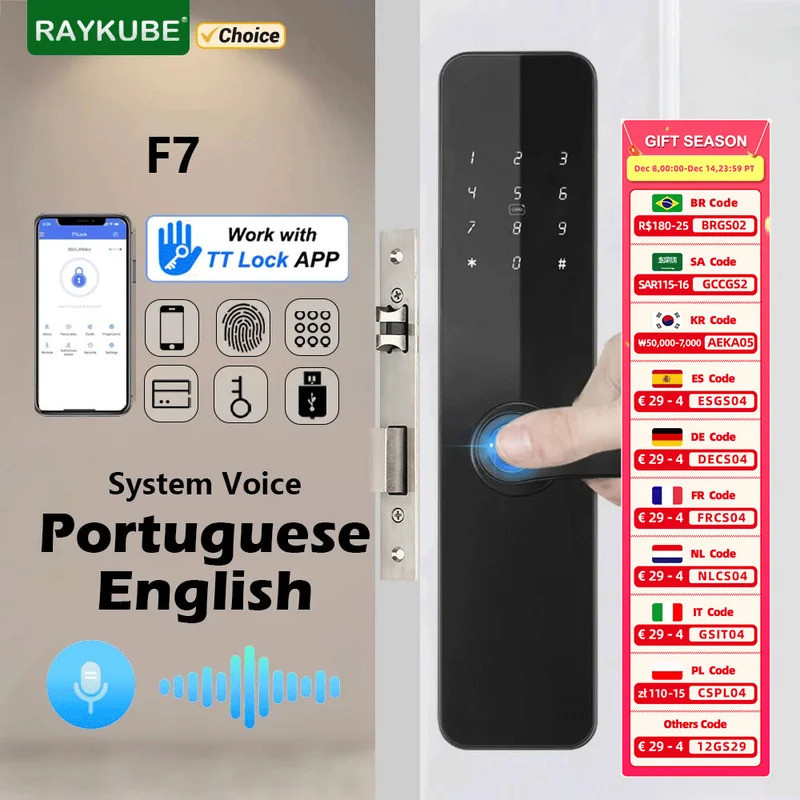 RAYKUBE F7 TT ล็อคลายนิ้วมือล็อคประตูไฟฟ้าพร้อมที่จับขนาดใหญ่อีกต่อไป APP เสียงโปรตุเกส/อังกฤษปลดล็อ