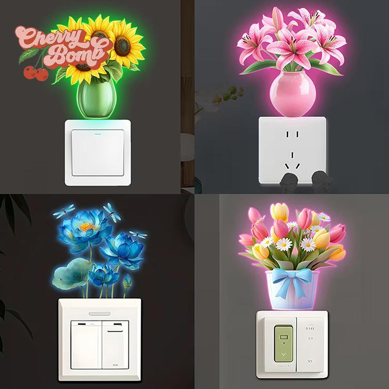 (Cherry Bomb) Glow-in-the-Dark Flowers Switch Sticker Tulip Lily Sunflower Wall Sticker Self-Adhesiv