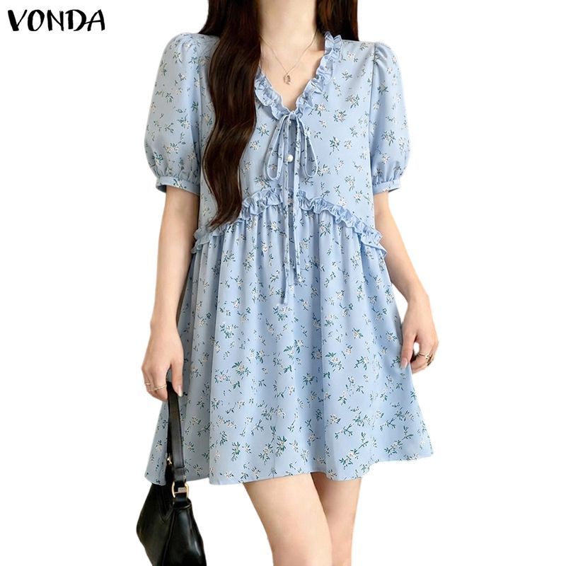 VONDA ผู้หญิงเกาหลีลําลองทอดอกไม้ V คอ Ruffle Tie เอวแยกออกแบบปกติไหล่พัฟแขนสาย Ruffle Hem หลวมประเภทแขนสั้นมินิเดรส