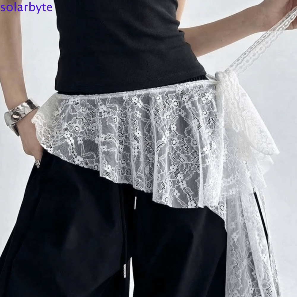 SOLARBYTE กระโปรงม่านก้น,ปักดอกไม้เอวสูงลูกไม้ Trim ก้นผ้าม่าน,ใหม่ Ruffles Trim Ruched Hem ไม่สม่ําเสมอ Mini ผ้ากันเปื้อน Y2K Streetwear