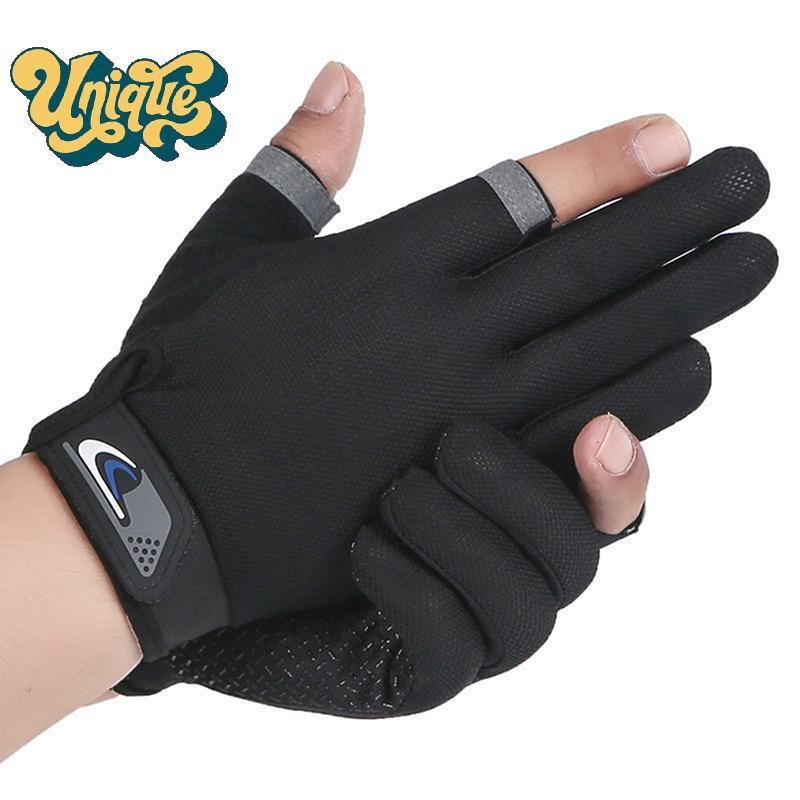 (Unique) ฤดูร้อนผู้ชายตกปลาถุงมือผู้หญิงสองนิ้วตัดชายหน้าจอสัมผัส Angling Anti-Slip Sun-Proof Breathable ขี่จักรยานฟิตเนสถุงมือ