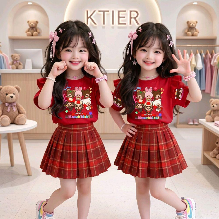 ชุดเซ็ทเด็ก2ชิ้น เสื้อลายสุดฮิต แขนปีกนก+กระโปรงอัดพลีท