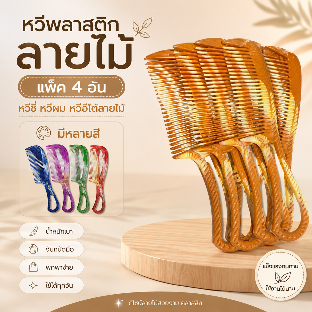 *มีหลายสี* หวีพลาสติก ลายไม้ แพ็ค 4อัน หวีซี่ หวีผม หวีอีโต้ลายไม้