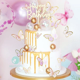 GeeParty เค้กธงปาร์ตี้วันเกิด Happy Birthday สีทอง โรสโกลด์ ดำ เงิน น้ำเงิน ตกแต่งเค้กปาร์ตี้