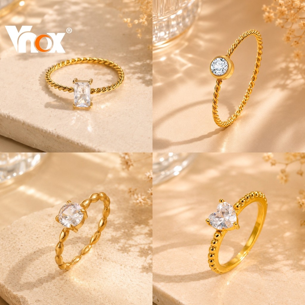 แหวนสแตนเลสสีทอง Vnox สําหรับผู้หญิง คอลเลกชันงานแต่งงานและหมั้น Zirconia ที่เป็นประกาย