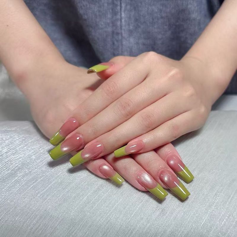 เล็บปลอม 10 ชิ้น [Lime French Style] Fresh Lime French Fine Flashing Whitening Long Simple Fashion All-Match ทําเล็บที่ถอดออกได้ฟรีกาว Push Type เล็บปลอม