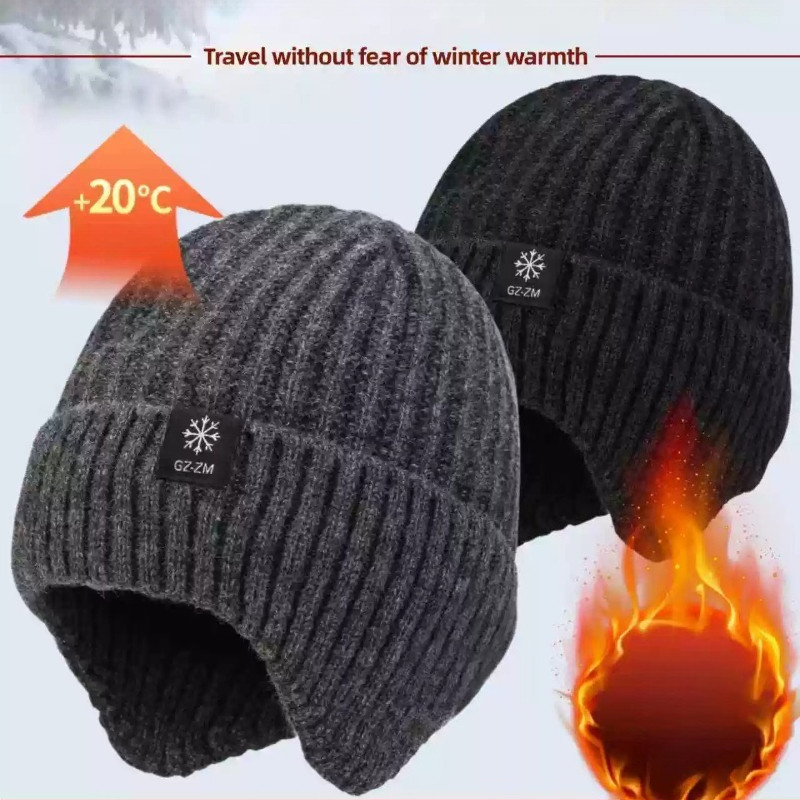 พร้อมส่ง หมวกถักสำหรับผู้ชาย หมวกถักผ้ากํามะหยี่หนา อุ่นและกันลม  ป้องกันหู หมวกวัยกลางคนและผู้สูงอายุ - รูปที่ 7