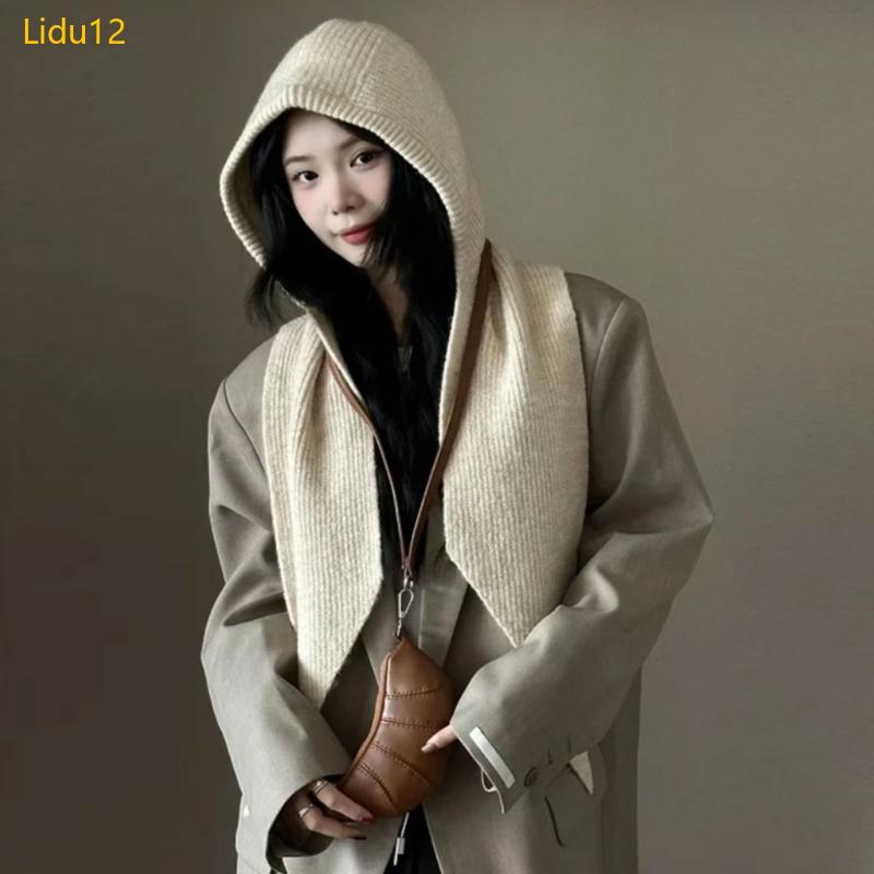 Lidu12 เกาหลี Balaclava หมวกสําหรับผู้หญิง Earmuff Beanies หมวก Handmade โครเชต์หมวกคอผ้าคลุมไหล่ฤดูหนาวผ้าพันคอผ้าพันคอหมวกสําหรับ Wint