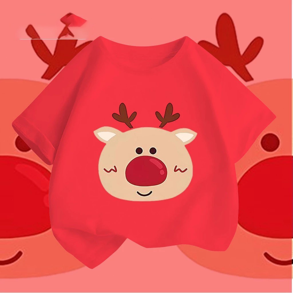 เสื้อผ้าเด็ก 🎄 เสื้อยืดแขนสั้น ลายกวางเรนเดียร์คริสต์มาส  100%THAISHOPไซส์ 100-150CM