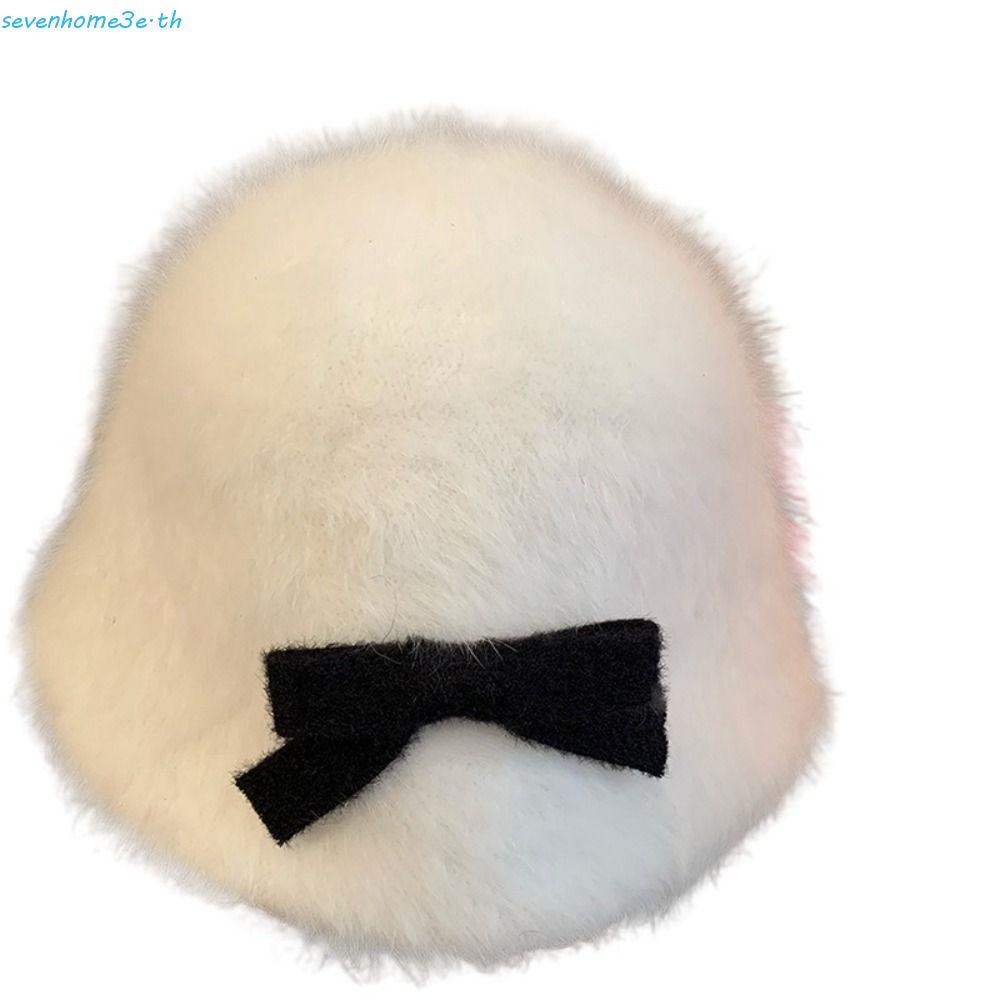 SEVENHOME3E Bow Bucket Hat, หนาเส้นรอบวงหัวใหญ่ Plush Basin Hat, แฟชั่นสไตล์เกาหลี Harajuku Y2k Fluf