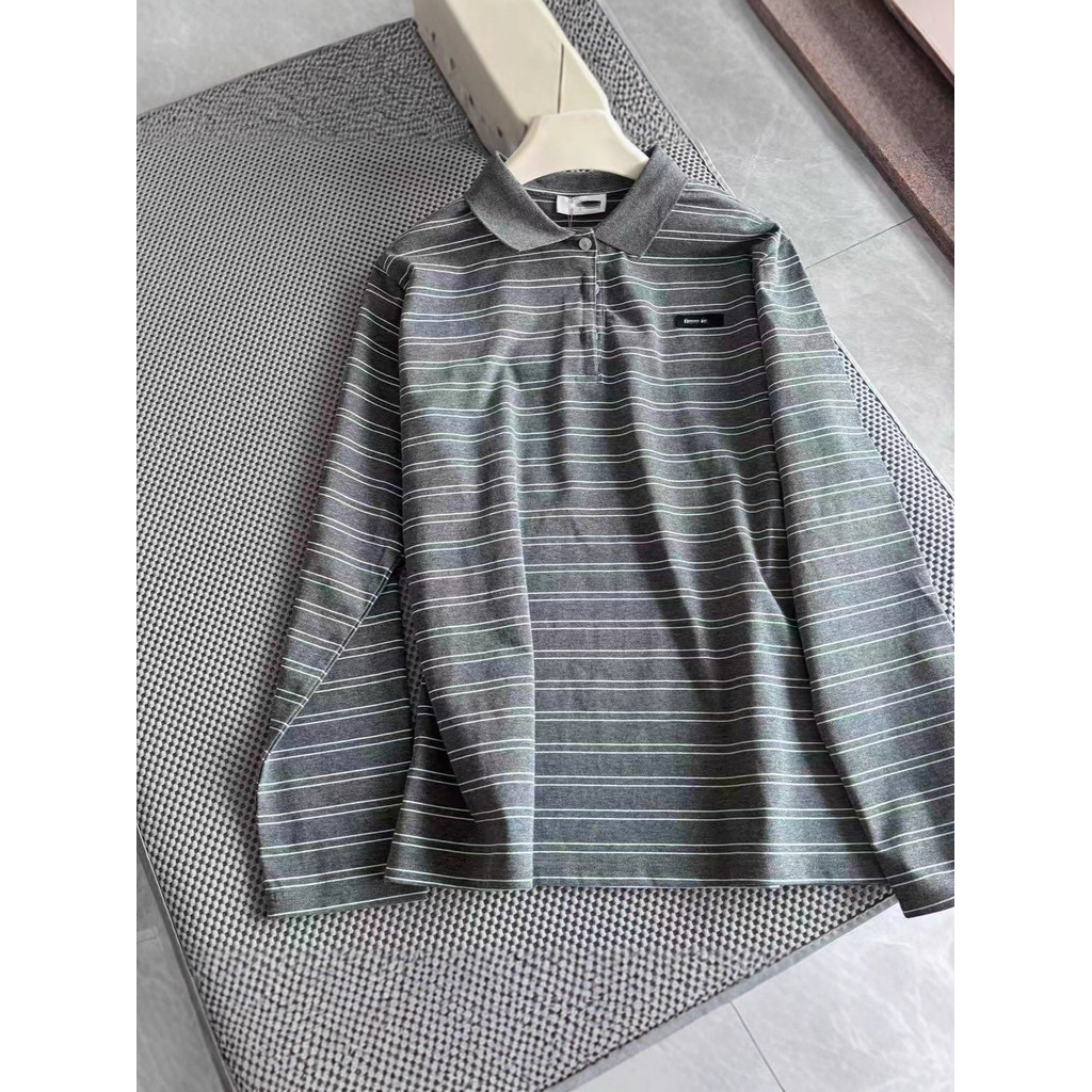 7GFV MIUMIU Autumn New Striped Turn-down Collar POLO Shirt T Loose Letter Patch Retro Unisex T-Shirt
