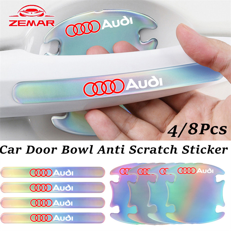 4/8 ชิ้น Audi เลเซอร์ที่มีสีสันรถประตูชามสติกเกอร์ Anti Scratch สติกเกอร์ประตูรถจับกระจกมองหลังป้องก