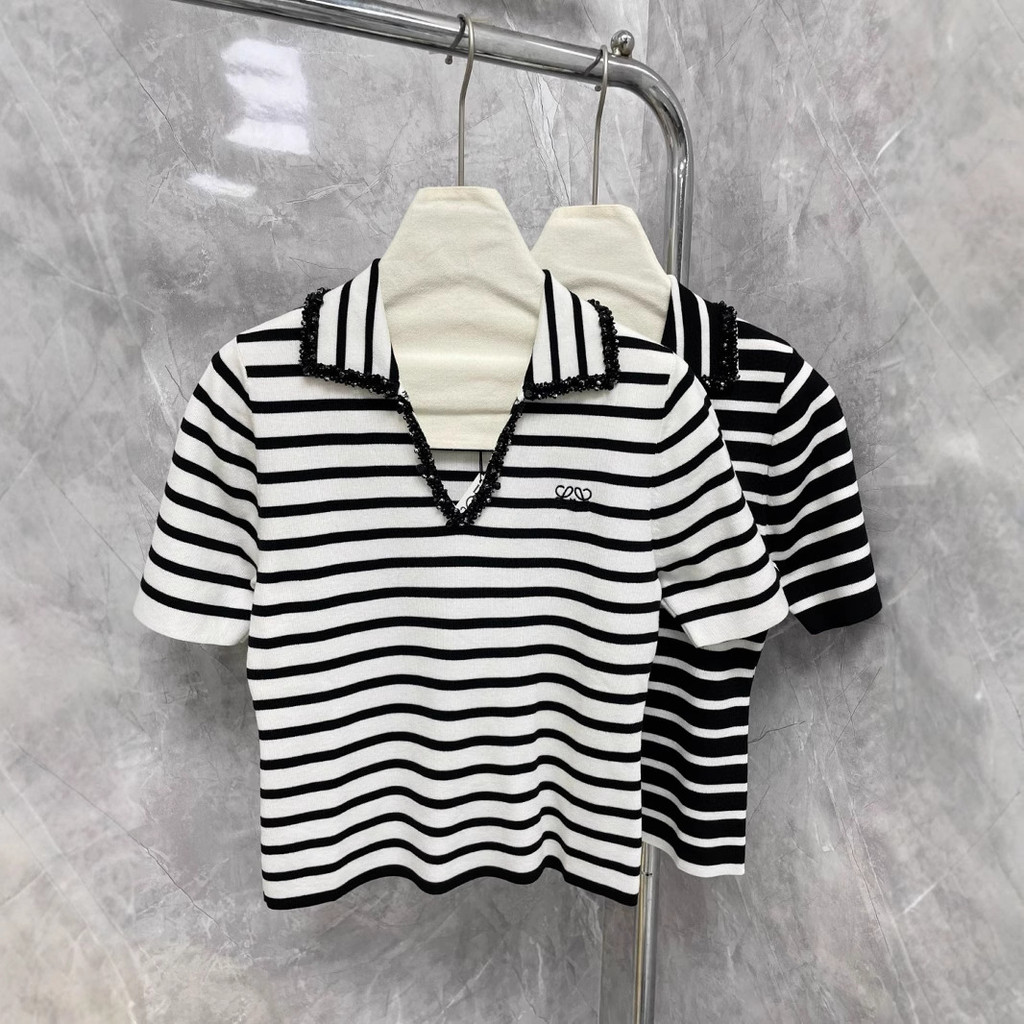 LUX7 Loe** Striped Beaded Patch V Turn-Down Collar Knit Short Sleeve Top25Fashionable and Youthful V