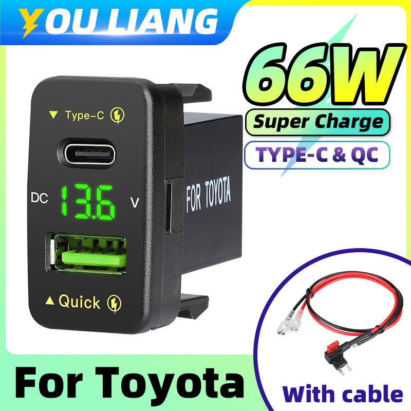 66W Super Fast Charging USB 12V สําหรับ Toyota PD30W โทรศัพท์มือถือดัดแปลงรถ Type-C Charger ซ็อกเก็ต LED โวลต์มิเตอร์รถอุปกรณ์เสริม
