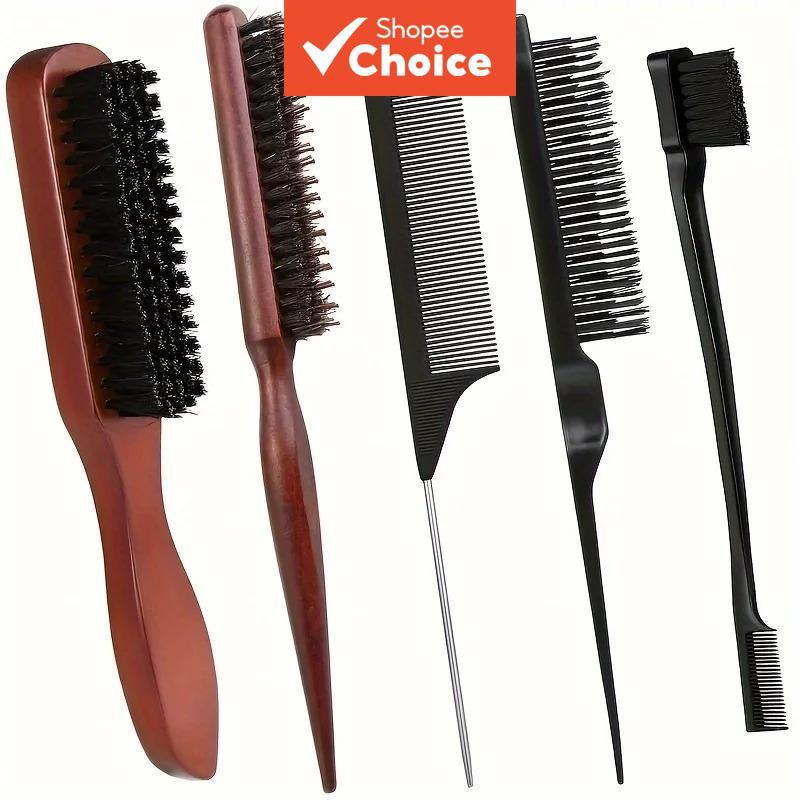 Kit 5 แปรงขนหมูป่าและชุดหวี-ชุดจัดแต่งทรงผมควบคุมขอบUnisexสําหรับSlick Back Teasing Smoothing-Curling & Normal Hair