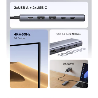 UGREEN อะแดปเตอร์ USB HUB 6-in-1 USB-C to DP 4K60Hz USB-Ax2 USB-Cx2 PD 100W รุ่น 75586