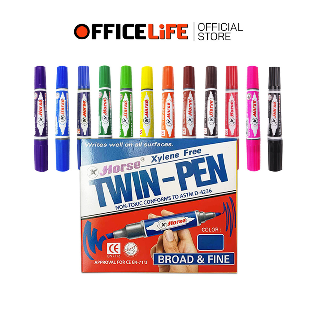 HORSE (ตราม้า) ปากกาเคมี 2 หัว มาร์คเกอร์ Twin-Pen Marker กันน้ำ เติมหมึกได้ ลบไม่ออก (12 ด้าม / กล่