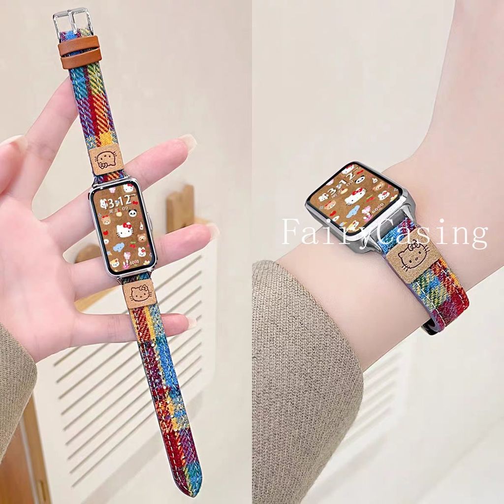 สายหนังลายสก๊อตสําหรับ Huawei Band 11pro 10 9 8 น่ารัก KT สายรัดข้อมือสร้อยข้อมือสําหรับ Huawei Watch Fit 3 4 Pro Watchband