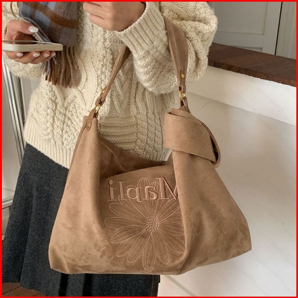 Vintage Daisy ปัก Suede Tote Bag สําหรับผู้หญิงความจุขนาดใหญ่แฟชั่นกระเป๋าครอสบอดี้แบบพกพา