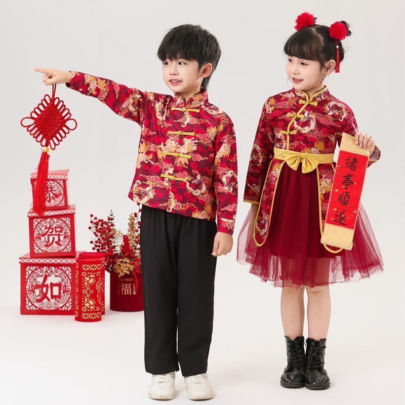 【พร้อมส่งในจีน】ชุดตรุษจีน สีแดง ชุดเซทเด็ก กี่เพ้า สไตล์จีนโบรา๊  ปีใหม่ สำหรับเด็กผู้หญิงและชาย