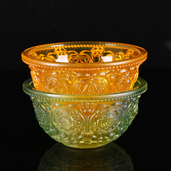 Buddhist Offering Bowl 8 Auspicious Symbols Seven-color Glass Holy Water Purification Cup Handmade T