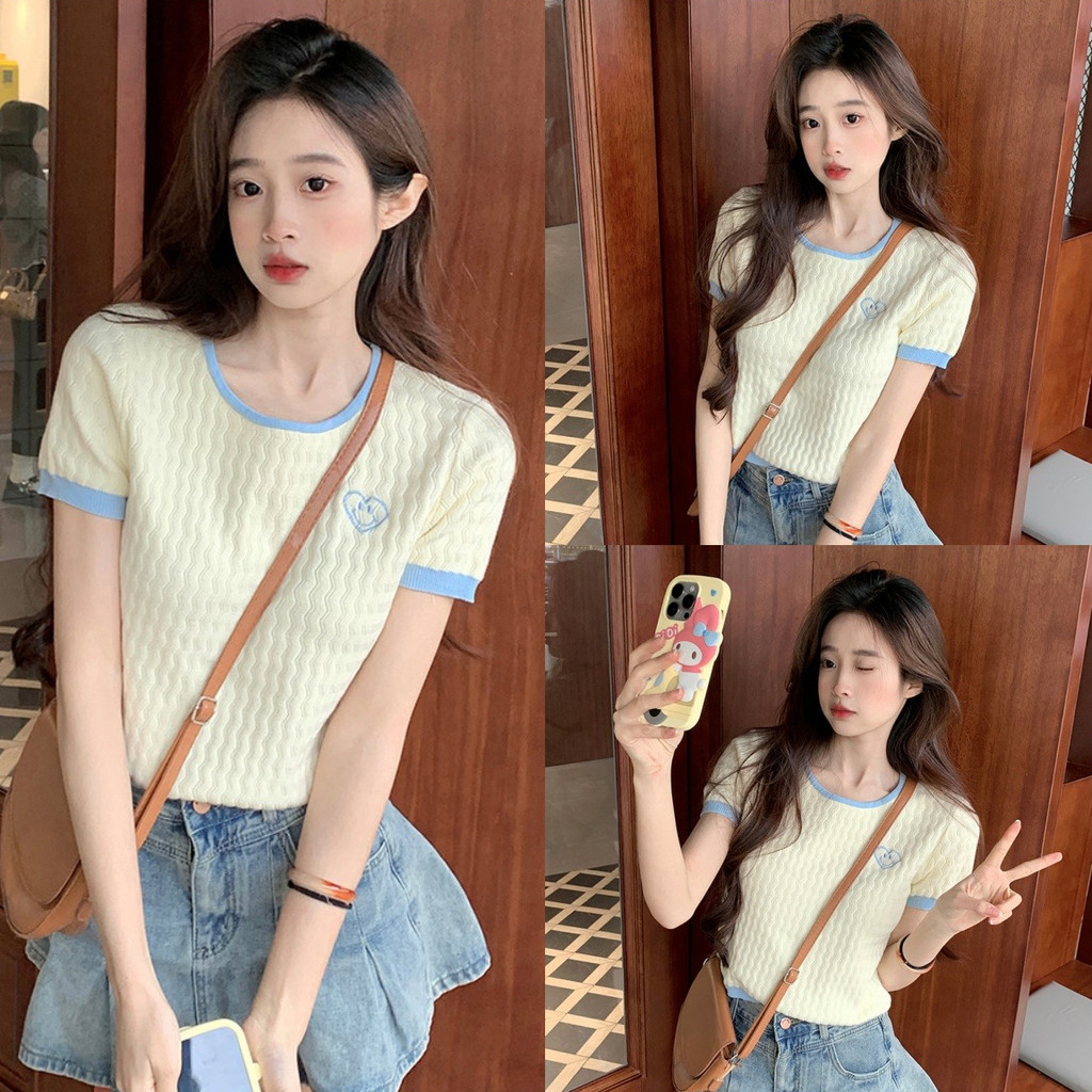 💗Anne💗💗Anne💗เสื้อยืด ไหมพรม สีพาสเทลสดใส ดีเทลปักหัวใจที่หน้าอก แขนสั้น เสื้อ แฟชั่น สไตล์ลำลอง
