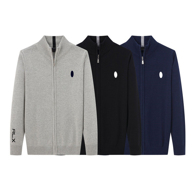 JCS7 Ralp*-La***n Spring and Autumn Cardigan Zipper Knitted Sweater Men's Casual Slim Fit Pure Cotto