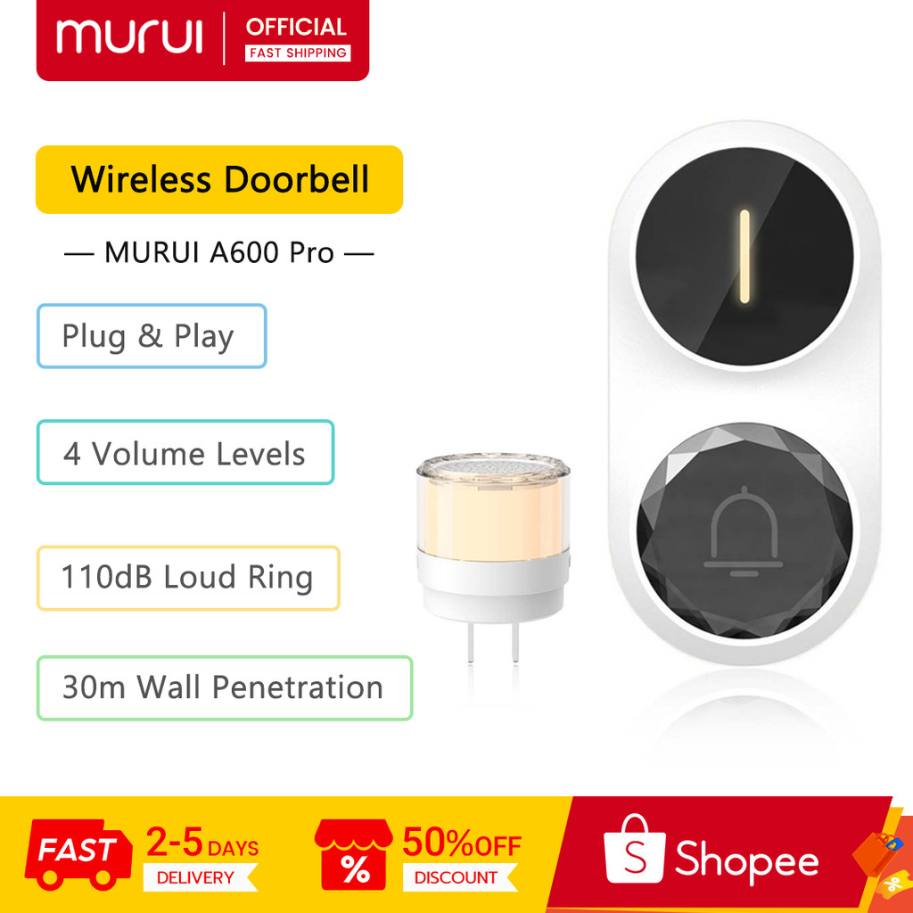 MURUUI ออดไร้สาย A600, ปรับระดับเสียง 4 ระดับ, Plug & Play, เสียงความละเอียดสูง, ออดไร้สาย