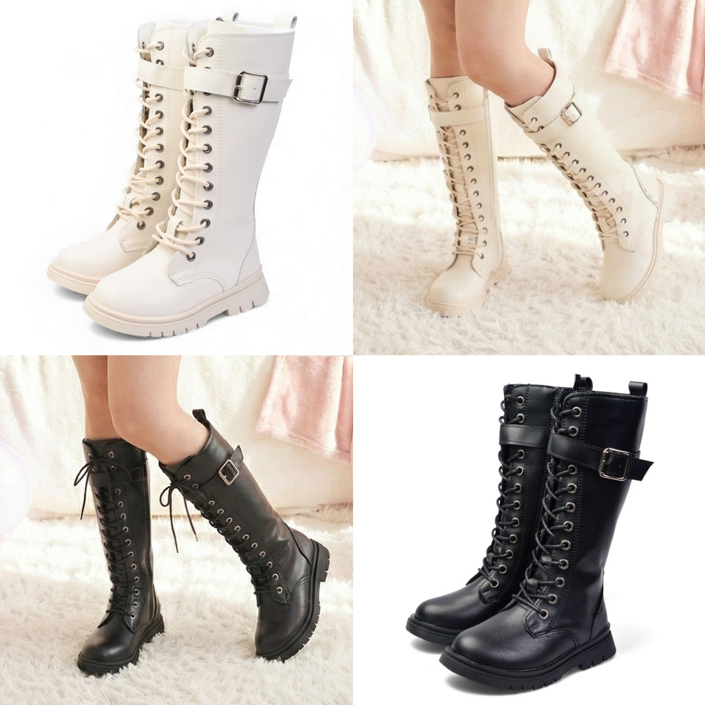 รองเท้าบูทเด็กทรงข้อสูง ยาวเกือบถึงเข่า ทรงคอมแบต (มีซิปข้าง) บูทผูกเชือก แฟชั่นเกาหลี ใส่เที่ยวหน้าหนาว พร้อมส่ง