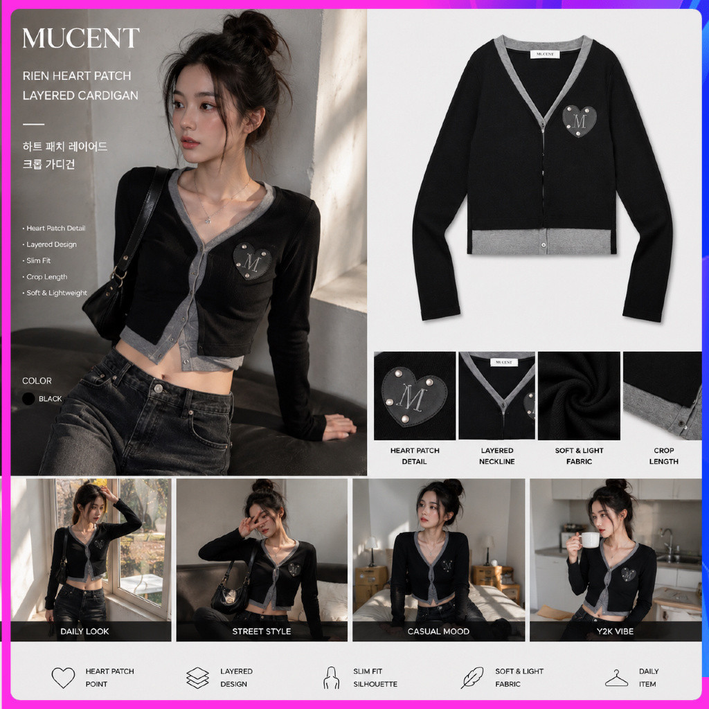 [ML] MUCENT RIEN HEART PATCH LAYERED CARDIGAN Crop Slim Fit Knit Top