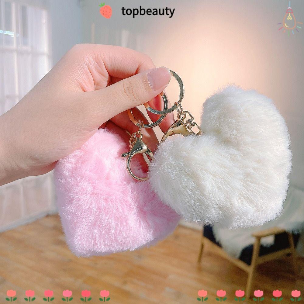 Topbeauty จี้กระเป๋าตุ๊กตา,หัวใจรักเลียนแบบกระต่ายขนพวงกุญแจ,สีทึบกระเป๋าอุปกรณ์เสริมปุยบอลแขวนตกแต่ง