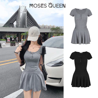 MOSESQUEEN ชุดเดรสแขนสั้นเข้ารูปมีรอบเอวและทรงเอจับจีบ สร้างรูปลักษณ์ของการกระชับสัดส่วน กระโปรงสั้น #63641