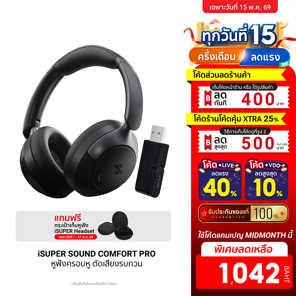 [ลดเหลือ 1042] iSUPER SOUND COMFORT PRO หูฟังครอบหู Headphone รองรับ Hi-Res Wireless LDAC ANC ใช้คู่