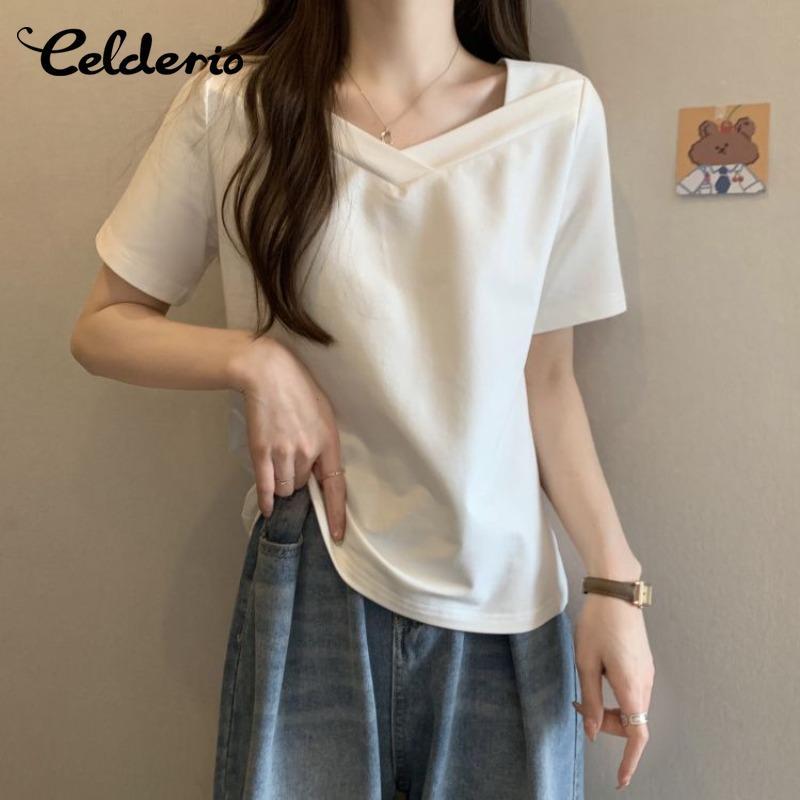 Celderio ผู้หญิงแฟชั่นเกาหลีหลวมสีทึบ V คอเสื้อยืดแขนสั้นฤดูร้อน Basic Pullover Top