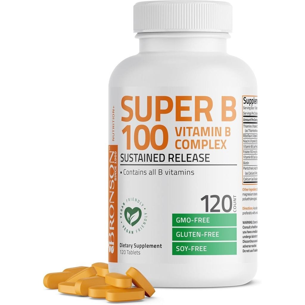 Bronson er B100 B Complex Sustained Release ประกอบด้วย All B s ( B1 B2 B3 B6 B9 Folic Acid B12) 120 