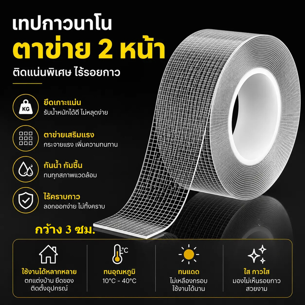 เทปกาวนาโนไม่ทิ้งคราบ เหนียวแน่น กันแดด กันชื้น เหมาะสำหรับงาน DIY และของใช้ภายในบ้าน