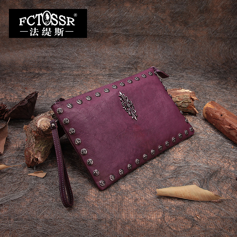 Fatis สไตล์ใหม่ Retro Handmade First Layer Cowhide Rivet คลัทช์ซองจดหมายกระเป๋าไหล่กระเป๋าสตางค์กระเ